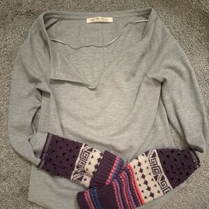 Free People Gray Off-the-Shoulder Sweater with Patterned Sleeves